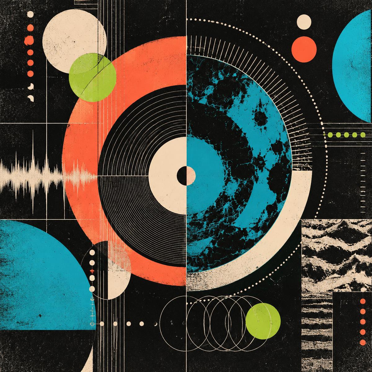 Abstract Afromuza artwork referencing records, rhythm and motion